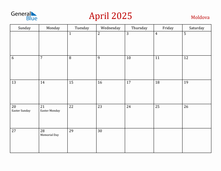 Moldova April 2025 Calendar - Sunday Start