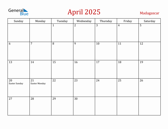 Madagascar April 2025 Calendar - Sunday Start