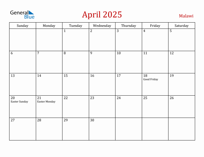 Malawi April 2025 Calendar - Sunday Start