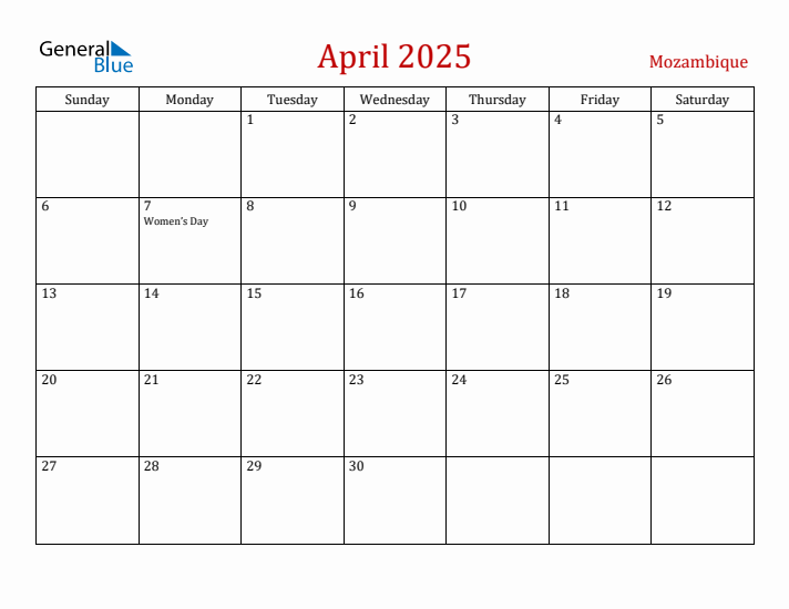 Mozambique April 2025 Calendar - Sunday Start