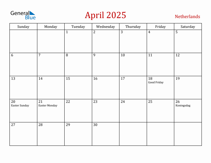 The Netherlands April 2025 Calendar - Sunday Start