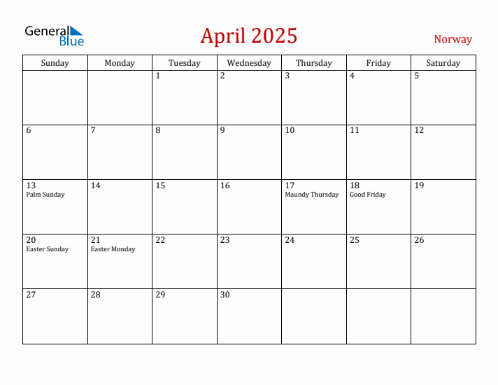 Norway April 2025 Calendar - Sunday Start
