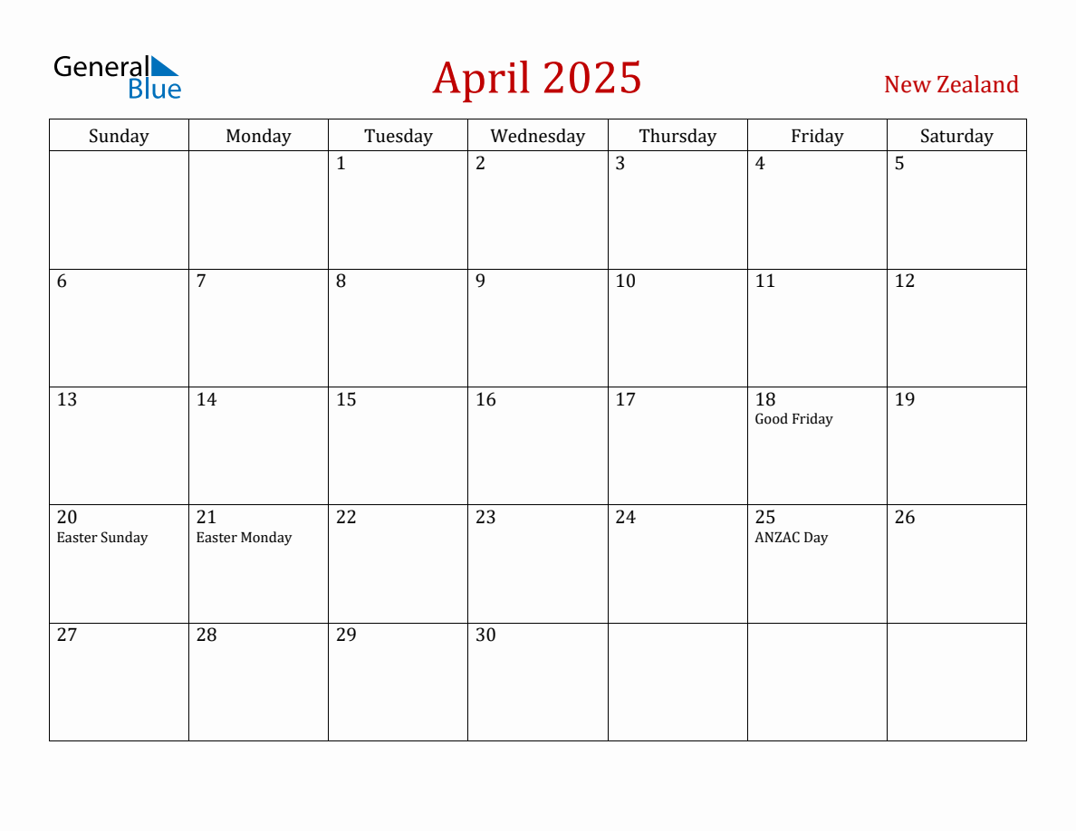 April 2025 New Zealand Monthly Calendar with Holidays