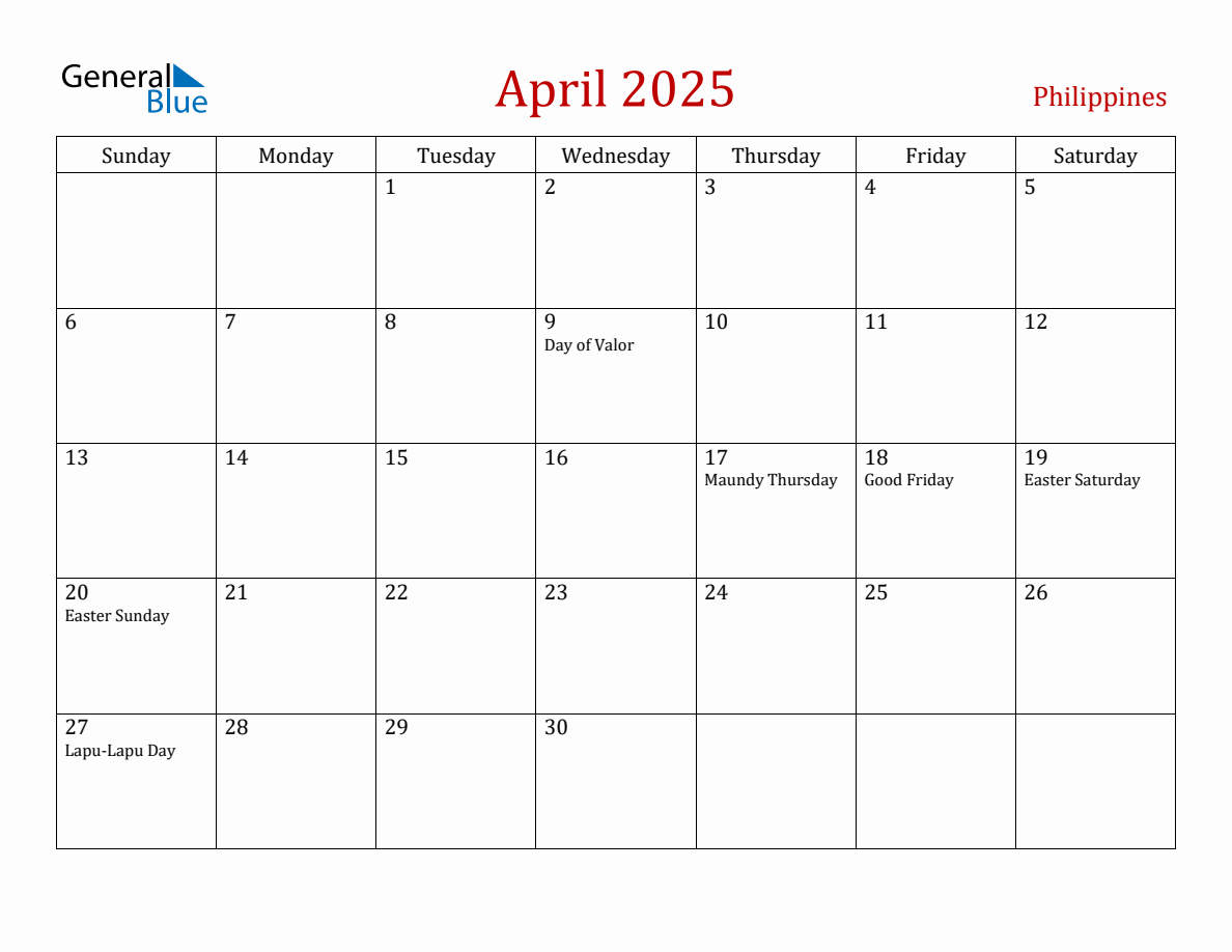 April 2025 Philippines Monthly Calendar with Holidays