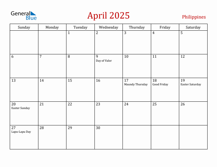Philippines April 2025 Calendar - Sunday Start