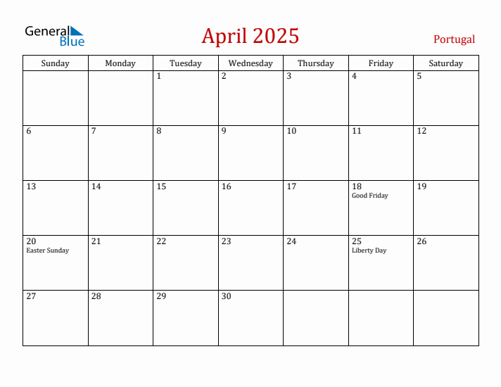 Portugal April 2025 Calendar - Sunday Start