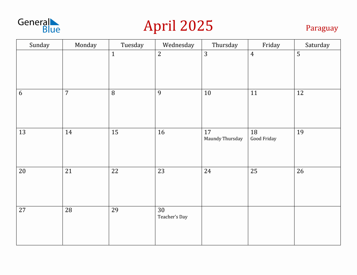 April 2025 Paraguay Monthly Calendar with Holidays