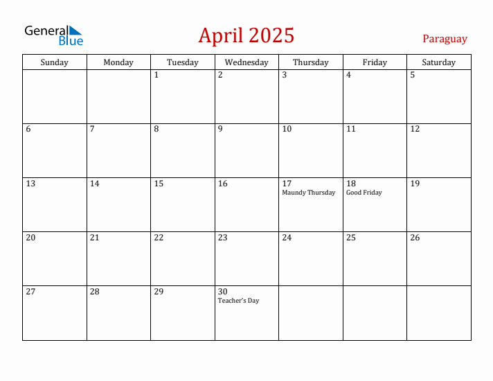 Paraguay April 2025 Calendar - Sunday Start