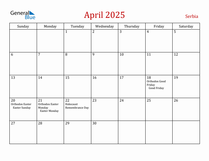 Serbia April 2025 Calendar - Sunday Start