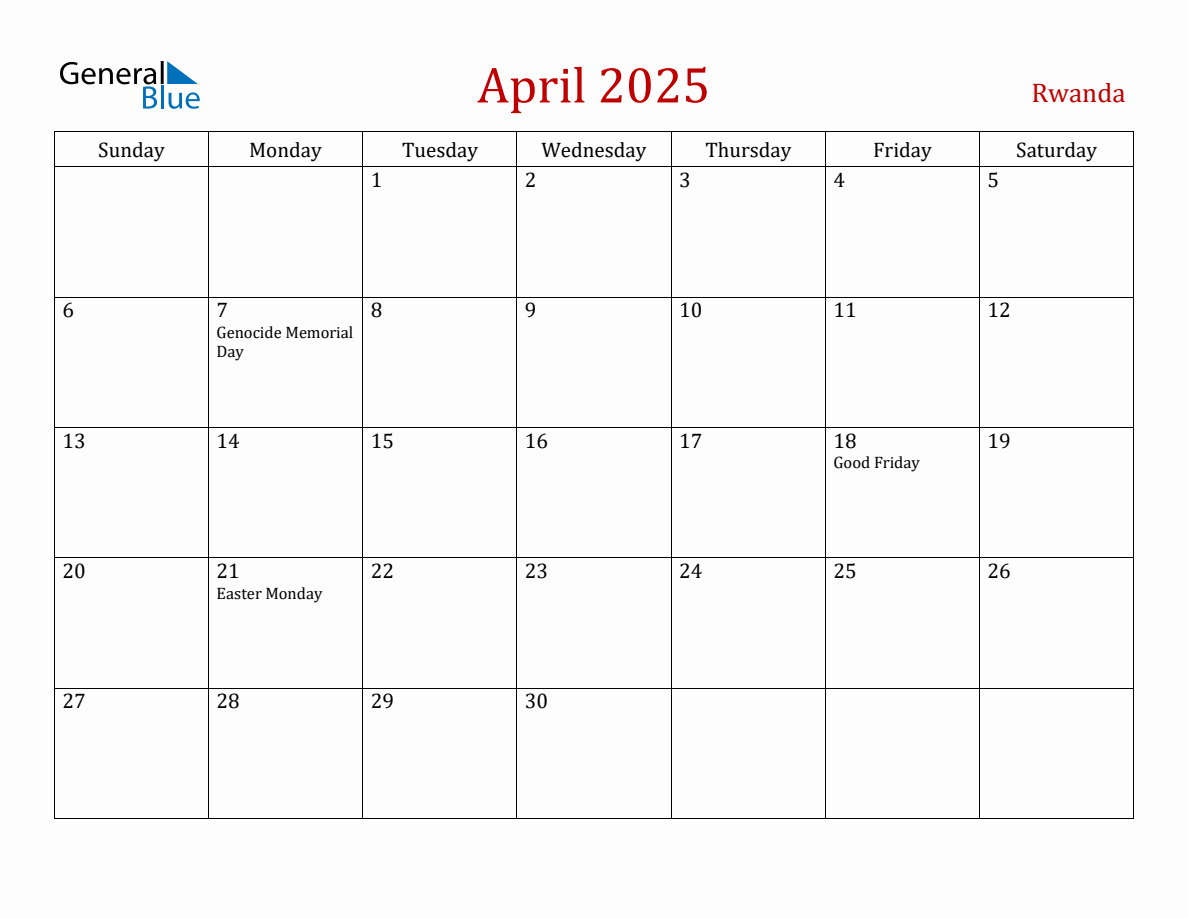 April 2025 Rwanda Monthly Calendar with Holidays