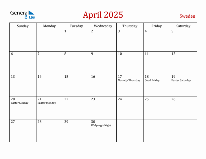 Sweden April 2025 Calendar - Sunday Start