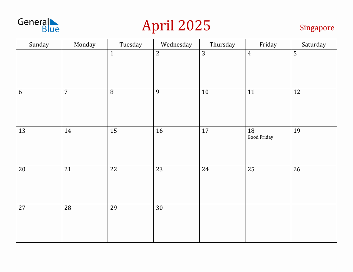 April 2025 Singapore Monthly Calendar with Holidays