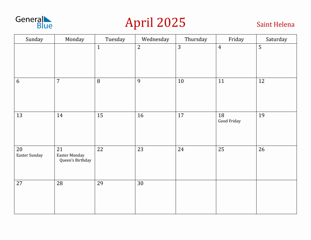 April 2025 Saint Helena Monthly Calendar with Holidays