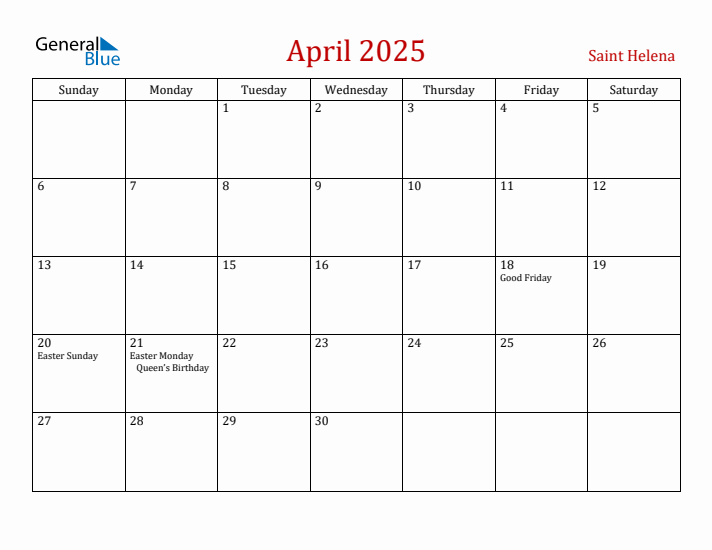 Saint Helena April 2025 Calendar - Sunday Start