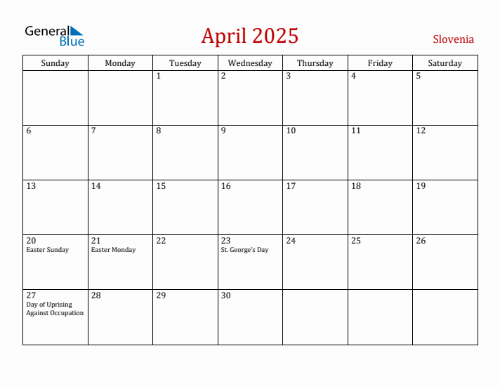 Slovenia April 2025 Calendar - Sunday Start