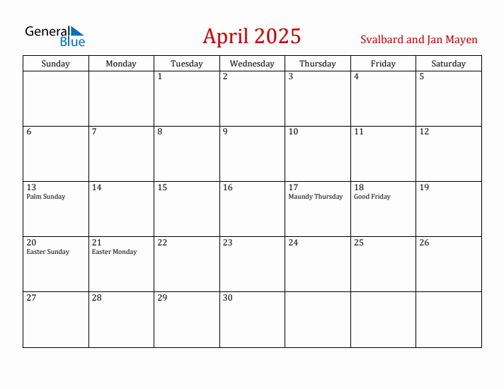 Svalbard and Jan Mayen April 2025 Calendar - Sunday Start