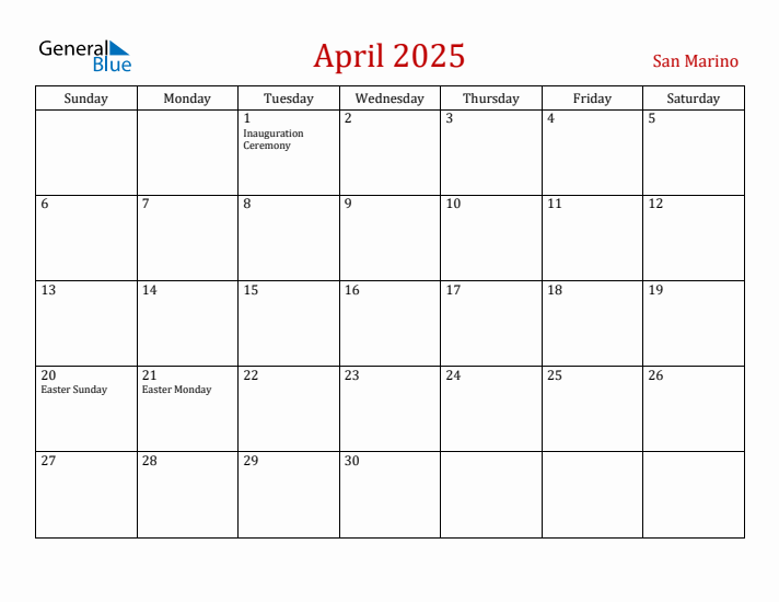 San Marino April 2025 Calendar - Sunday Start