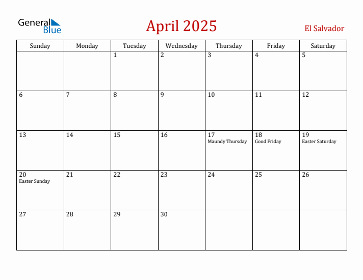 El Salvador April 2025 Calendar - Sunday Start