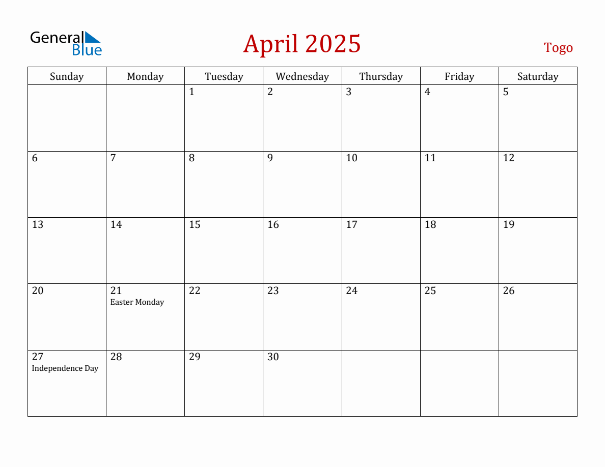 April 2025 Togo Monthly Calendar with Holidays