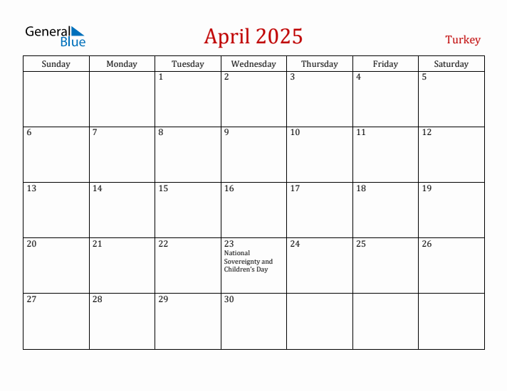 Turkey April 2025 Calendar - Sunday Start