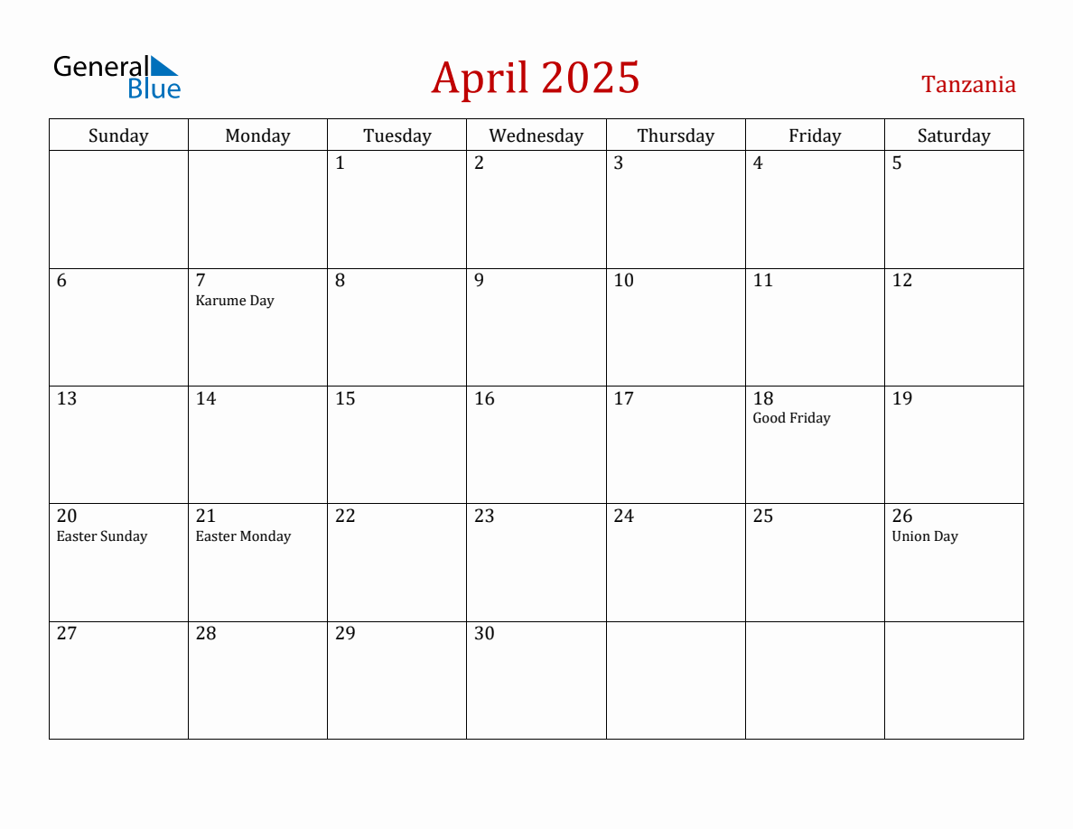 April 2025 Tanzania Monthly Calendar with Holidays