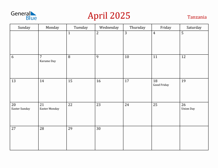 Tanzania April 2025 Calendar - Sunday Start