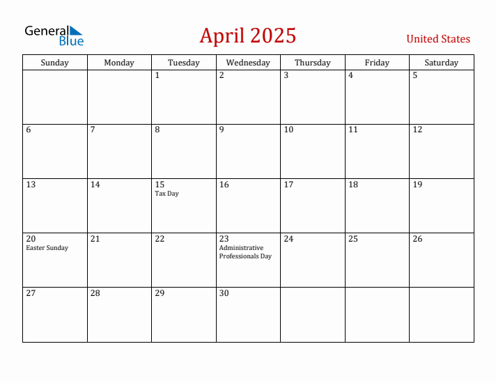 United States April 2025 Calendar - Sunday Start