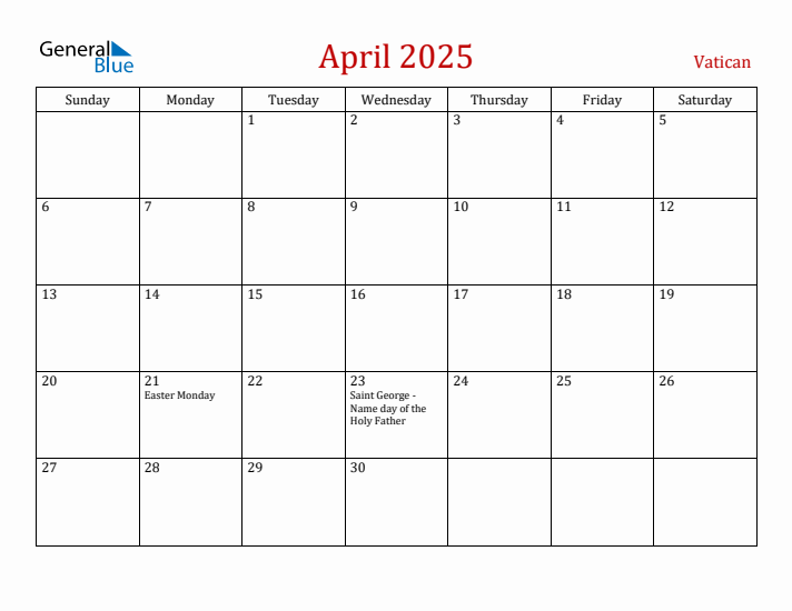 Vatican April 2025 Calendar - Sunday Start