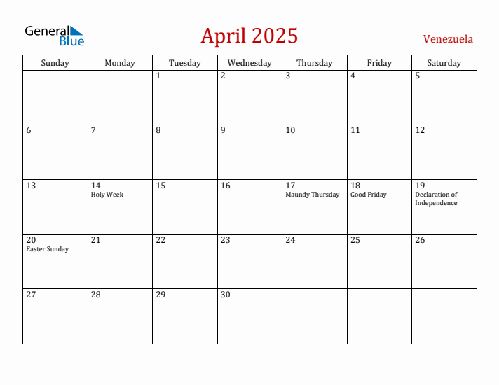 Venezuela April 2025 Calendar - Sunday Start