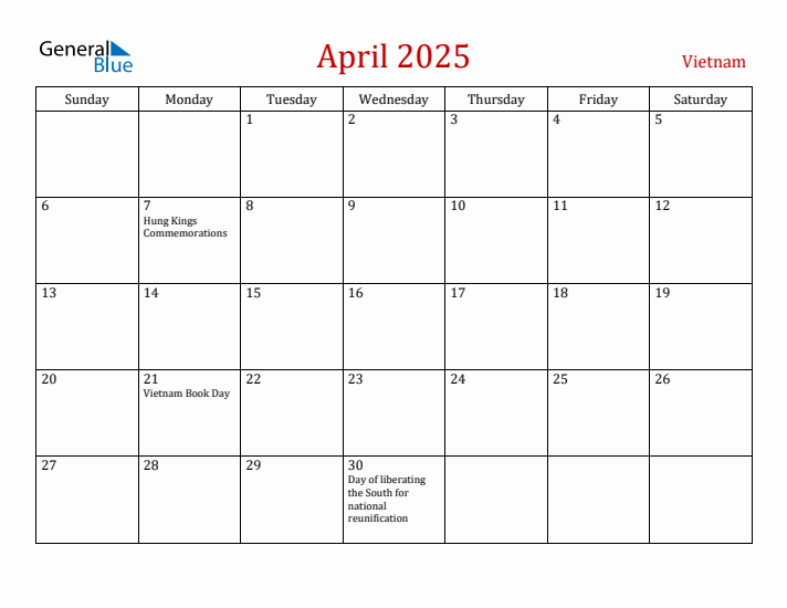 Vietnam April 2025 Calendar - Sunday Start