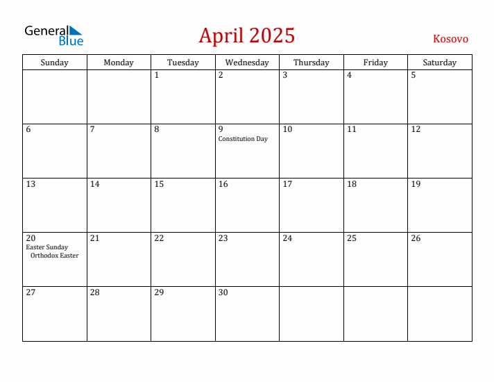 Kosovo April 2025 Calendar - Sunday Start
