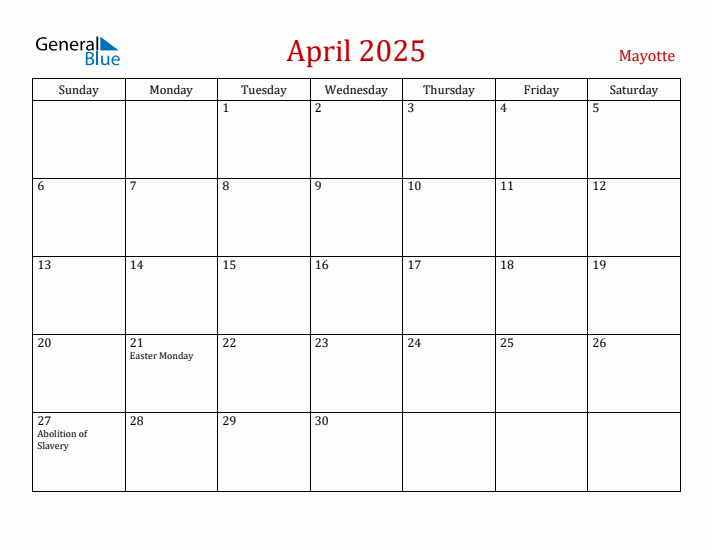 Mayotte April 2025 Calendar - Sunday Start