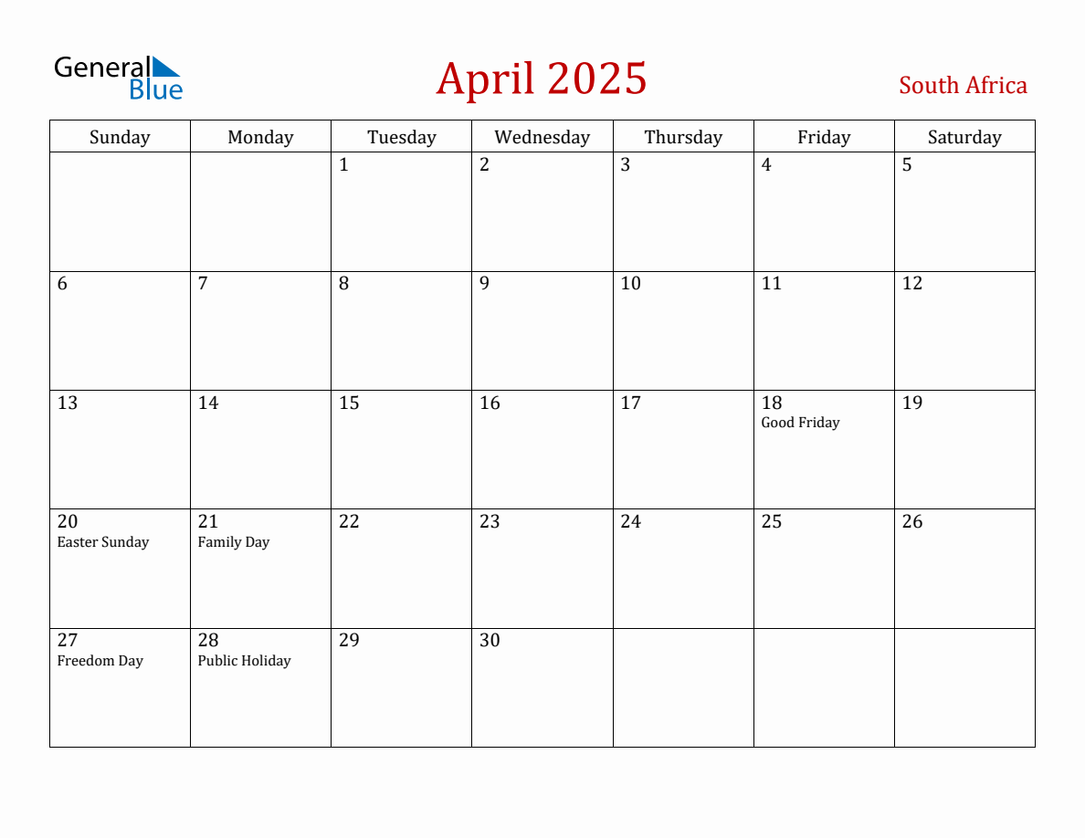 April 2025 South Africa Monthly Calendar with Holidays