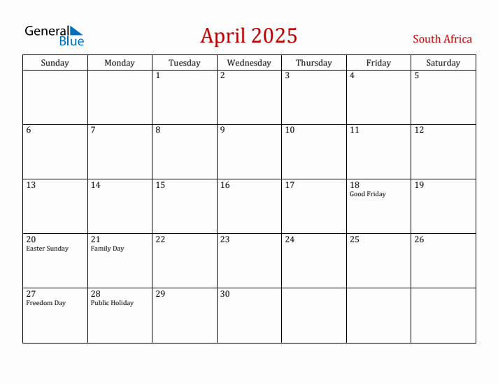 April 2025 South Africa Monthly Calendar with Holidays
