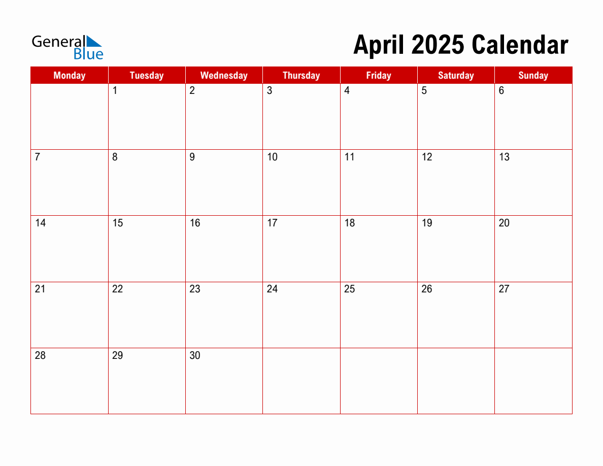 Basic Monthly Calendar April 2025