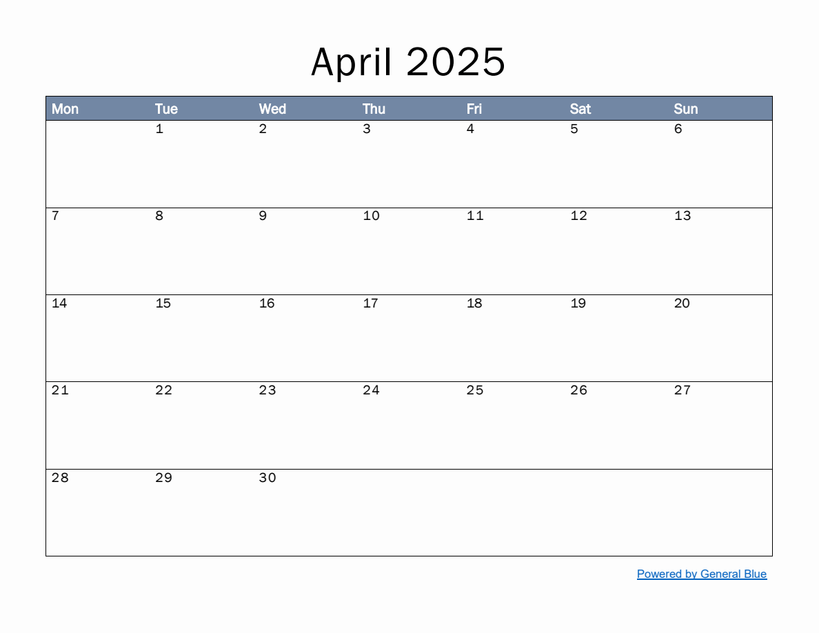 Monthly Calendar Template for April 2025