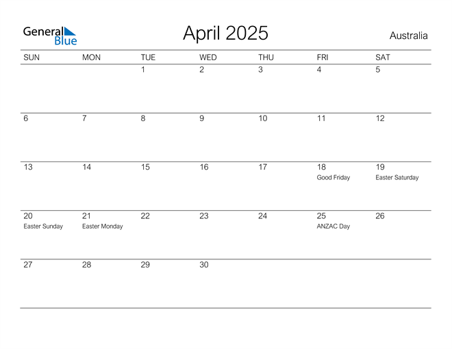 Australia April 2025 Calendar with Holidays