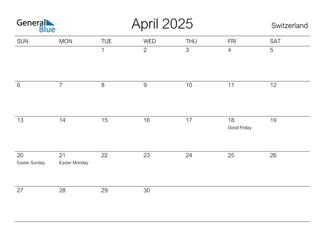 Switzerland April 2025 Calendar with Holidays
