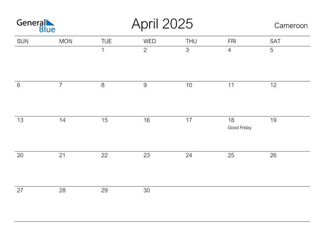 Printable April 2025 Calendar for Cameroon