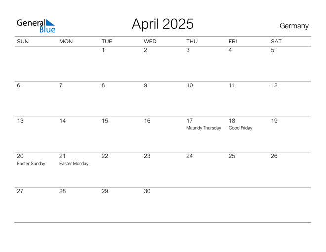 Germany April 2025 Calendar with Holidays