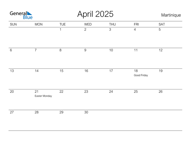 April 2025 Calendar with Martinique Holidays