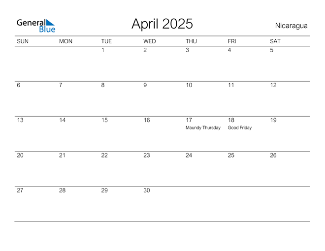 Nicaragua April 2025 Calendar with Holidays