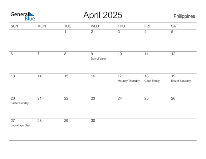 Philippines April 2025 Calendar with Holidays