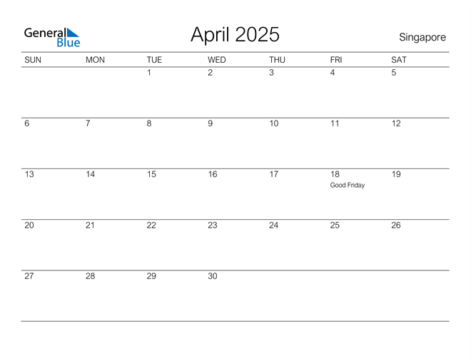 April 2025 Calendar with Singapore Holidays