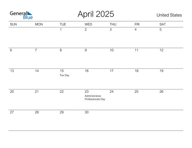 Printable April 2025 Calendar for United States