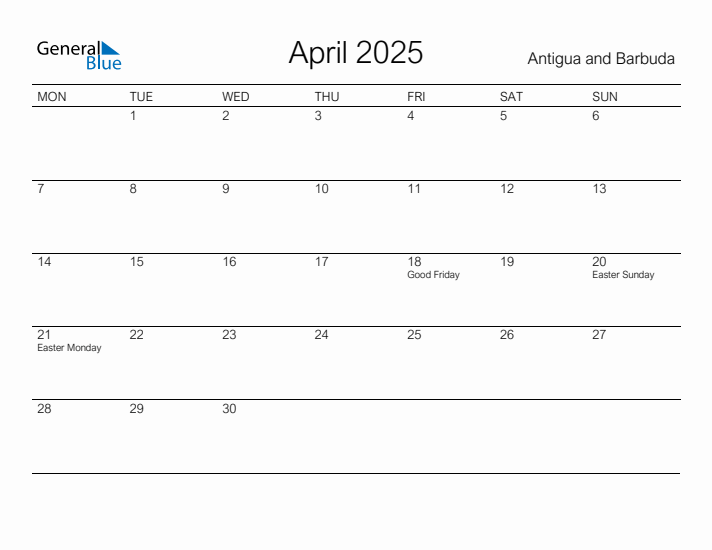 Printable April 2025 Monthly Calendar with Holidays for Antigua and Barbuda