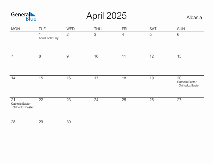 Printable April 2025 Calendar for Albania