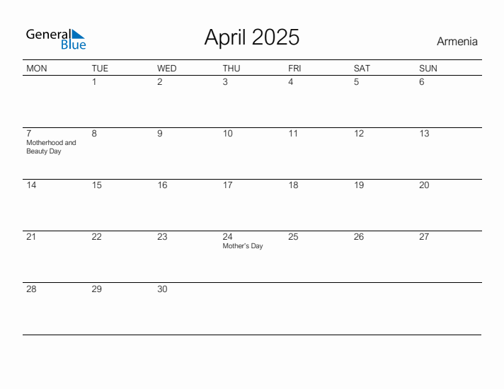Printable April 2025 Calendar for Armenia
