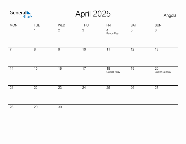 Printable April 2025 Calendar for Angola