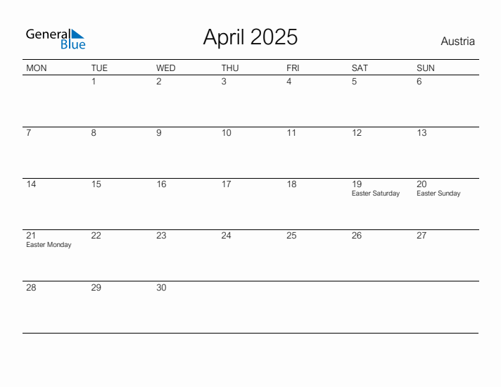 Printable April 2025 Calendar for Austria